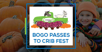 crib fest, BOGO passes graphic with fall truck, pumpkins, and fall flowers