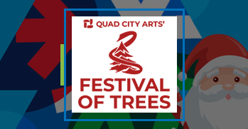 Square logo of Christmas tree for the Quad Cities Arts Festival of Trees program featuring a Santa and colorful tree in the background.