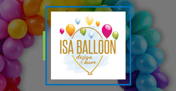 Colorful Balloon arch and ISA Balloon logo of quad cities party company