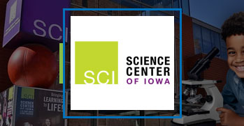 Science Center of Iowa Logo with Kid looking at a scientific lense