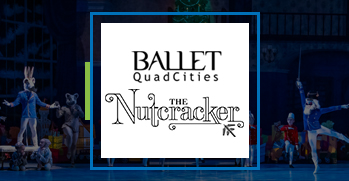 nutcracker presented by the ballet quad cities featuring dancers in costumes in the back